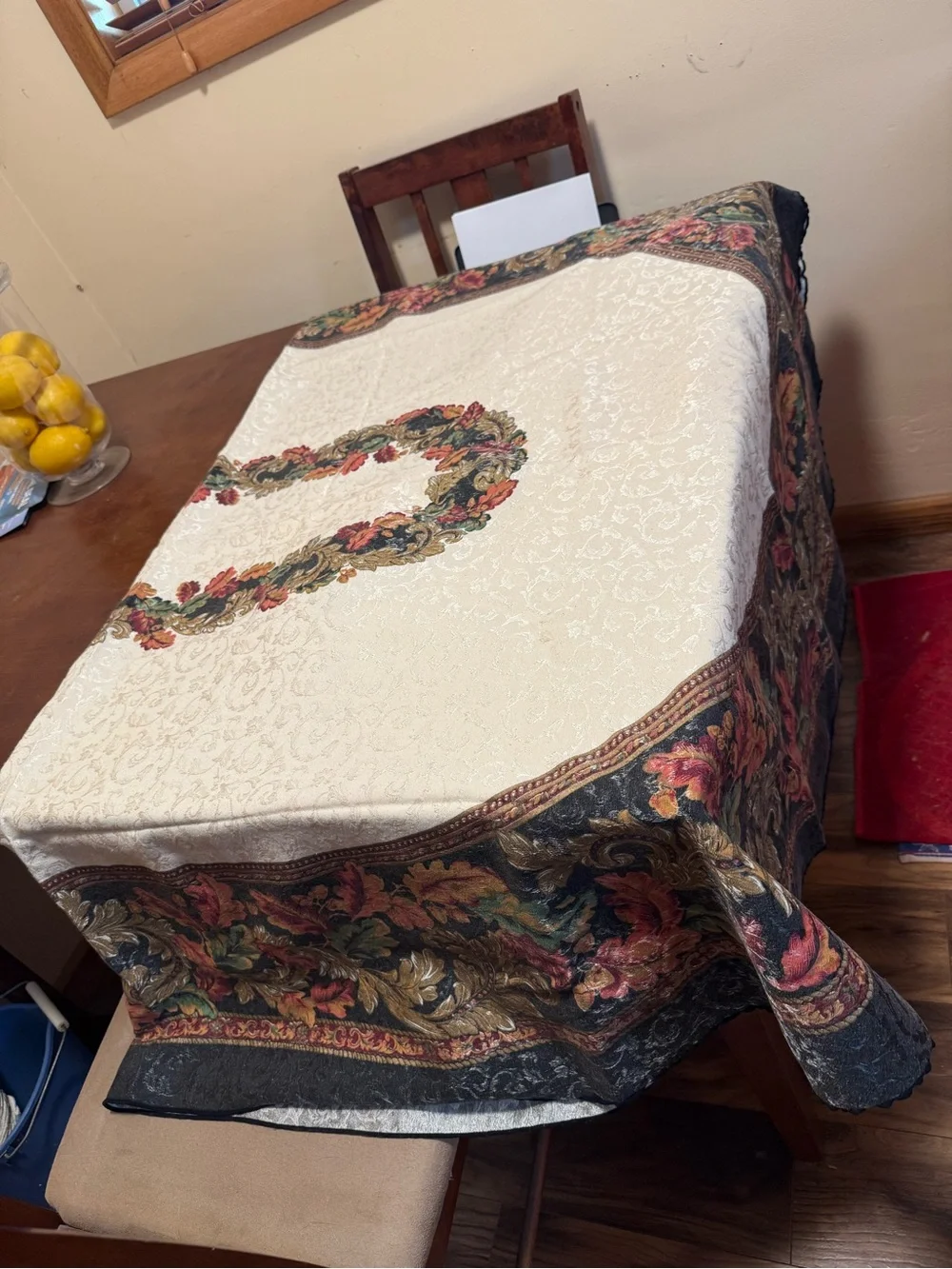 Oval Floral Jacquard Tablecloth in Cream and Multicolor with matching napkins